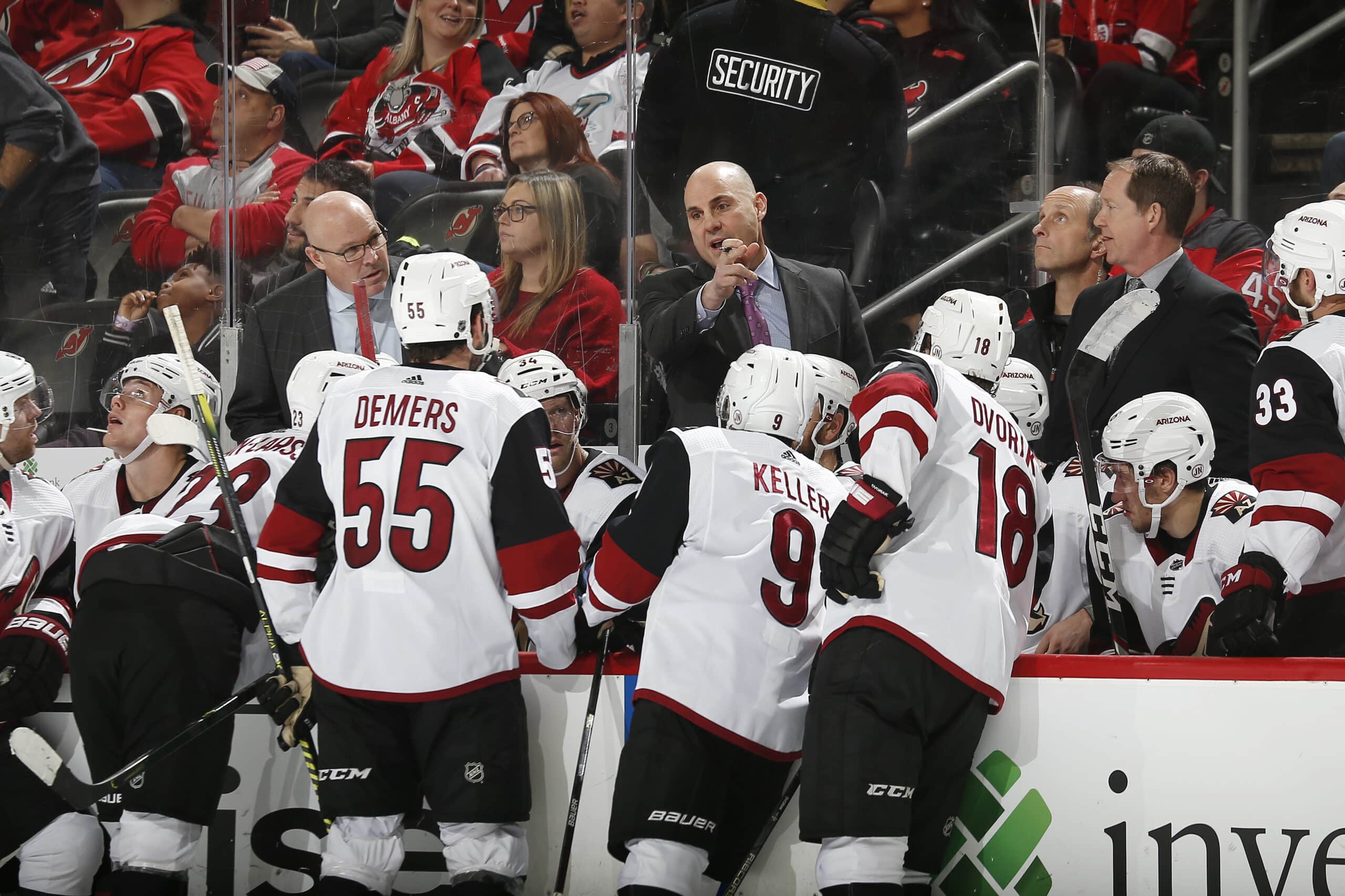 NEWARK,NJ - OCTOBER 25: Rich Tocchet Head Coach of the Arizona Coyotes gives instructions to his team during the game against the New Jersey Devils at the Prudential Center on October 25, 2019 in Newark, New Jersey. The Coyotes defeated the Devils 5-3. (Photo by Andy Marlin/NHLI via Getty Images)