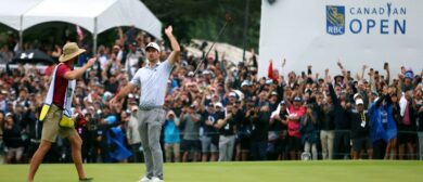 Nick Taylor of Canada tosses his club in celebration after making an eagle putt on the 4th playoff hole to win the RBC Canadian Open at Oakdale Golf & Country Club on June 11, 2023 in Toronto, Ontario.