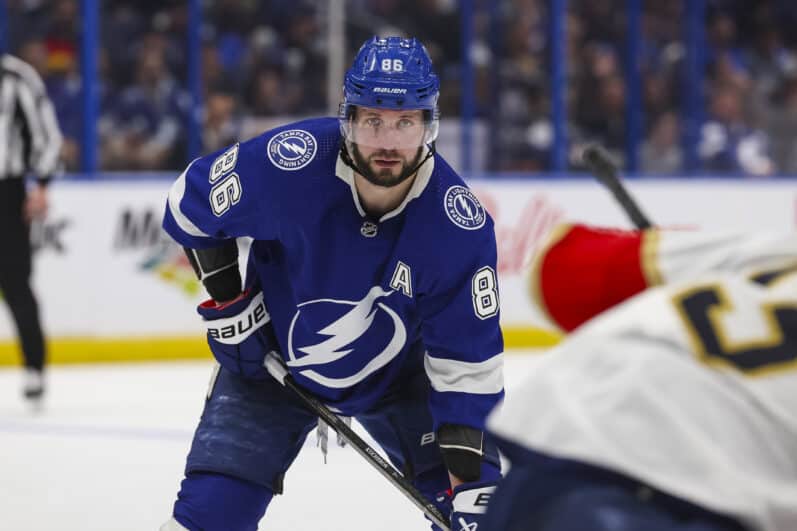 TAMPA, FL - APRIL 25: Nikita Kucherov #86 of the Tampa Bay Lightning skates against the Florida Panthers in Game Three of the First Round of the 2024 Stanley Cup Playoffs at Amalie Arena on April 25, 2024 in Tampa, Florida. (Photo by Mark LoMoglio/NHLI via Getty Images)