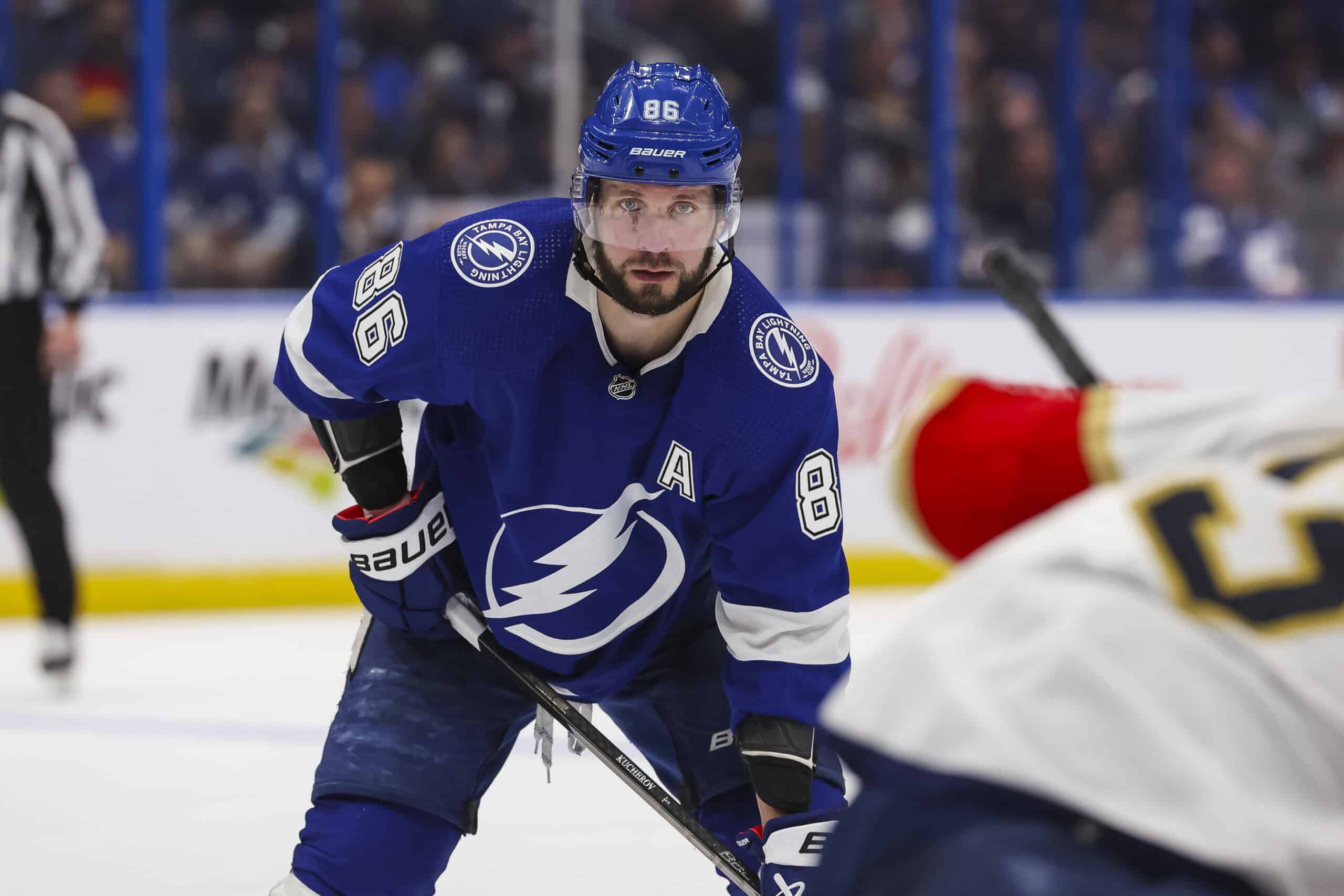 Nikita Kucherov #86 of the Tampa Bay Lightning is the art ross nhl awards odds favourite, skates against the Florida Panthers in Game Three of the First Round of the 2024 Stanley Cup Playoffs at Amalie Arena on April 25, 2024 in Tampa, Florida. (Photo by Mark LoMoglio/NHLI via Getty Images)