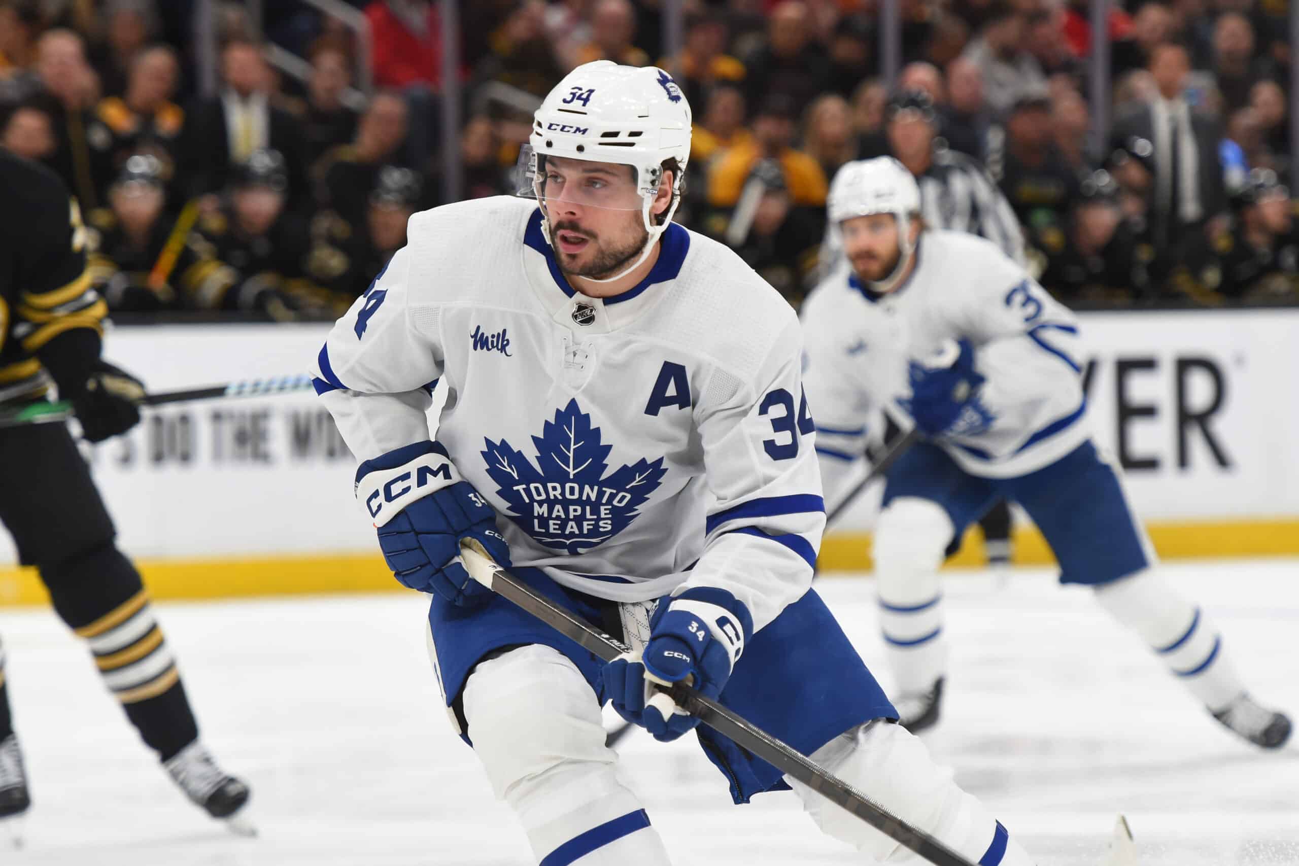 Auston Matthews #34 of the Toronto Maple Leafs skates against the Boston Bruins in Game Seven of the First Round of the 2024 Stanley Cup Playoffs at the TD Garden on May 4, 2024 in Boston, Massachusetts. 