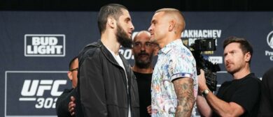 Opponents Islam Makhachev of Russia and Dustin Poirier face off during the UFC 302 press conference at Prudential Center on May 30, 2024 in Newark, New Jersey.