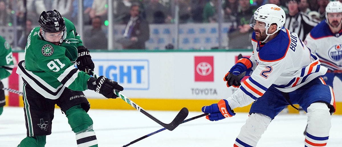 Tyler Seguin #91 of the Dallas Stars shoots past Evan Bouchard #2 of the Edmonton Oilers during the third period in Game One of the Western Conference Final of the 2024 Stanley Cup Playoffs at American Airlines Center on May 23, 2024 in Dallas, Texas.