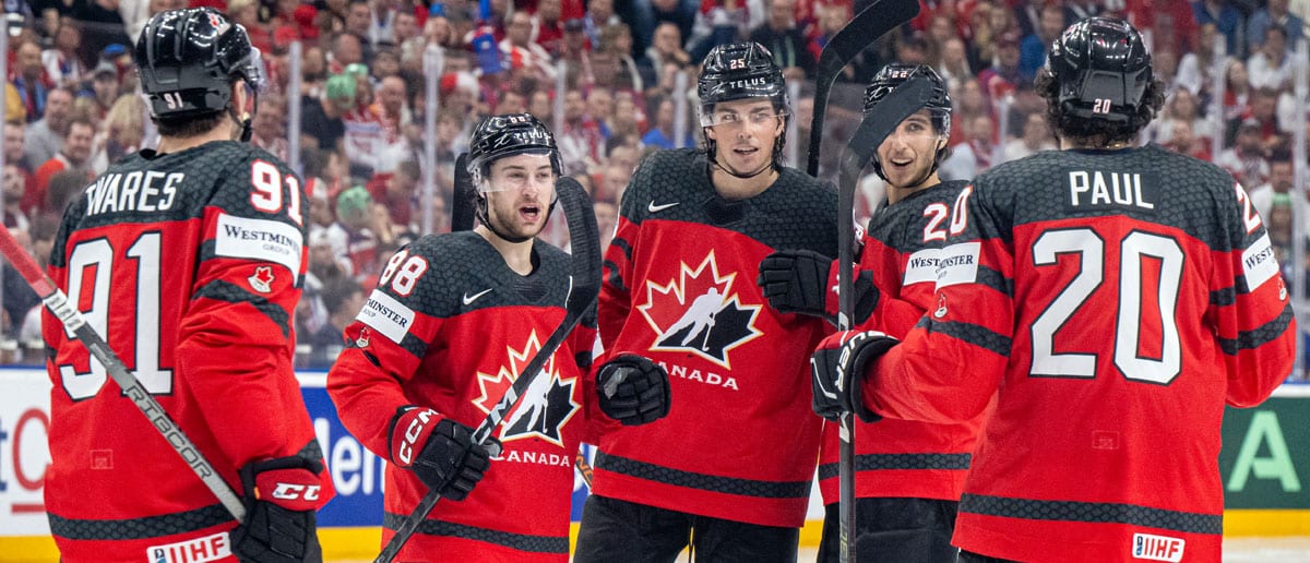 Dylan Cozens #22 of Canada celebrates his goal with teammates during the preliminary round match between Canada and Czechia at Prague Arena on May 21, 2024 in Prague, Czech Republic.