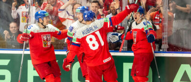 David Kampf of Czechia (R) celebrated for his goal during the 2024 IIHF Ice Hockey World Championship Czechia Semifinal match between Sweden and Czech Republic at Prague Arena on May 25, 2024 in Prague, Czech Republic.