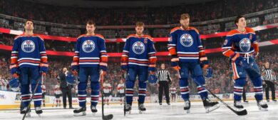 Evan Bouchard #2, Zach Hyman #18, Connor McDavid #97, Mattias Ekholm #14 and Ryan Nugent-Hopkins #93 of the Edmonton Oilers stand for the playing of the national anthem before the game against the Florida Panthers at Rogers Place on December 16, 2023, in Edmonton, Alberta, Canada.