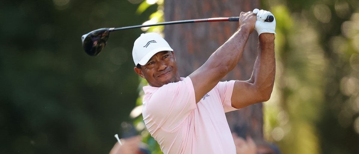 Tiger Woods of the United States plays his shot from the fifth tee during a practice round prior to the U.S. Open at Pinehurst Resort on June 11, 2024 in Pinehurst, North Carolina.