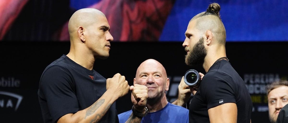 Opponents Alex Pereira of Brazil and Jiri Prochazka of the Czech Republic face off during the UFC 303 press conference at T-Mobile Arena on June 27, 2024 in Las Vegas, Nevada