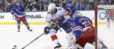 Kyle Okposo #8 of the Florida Panthers skates against the New York Rangers in Game Five of the Eastern Conference Final of the 2024 Stanley Cup Playoffs at Madison Square Garden on May 30, 2024 in New York City.