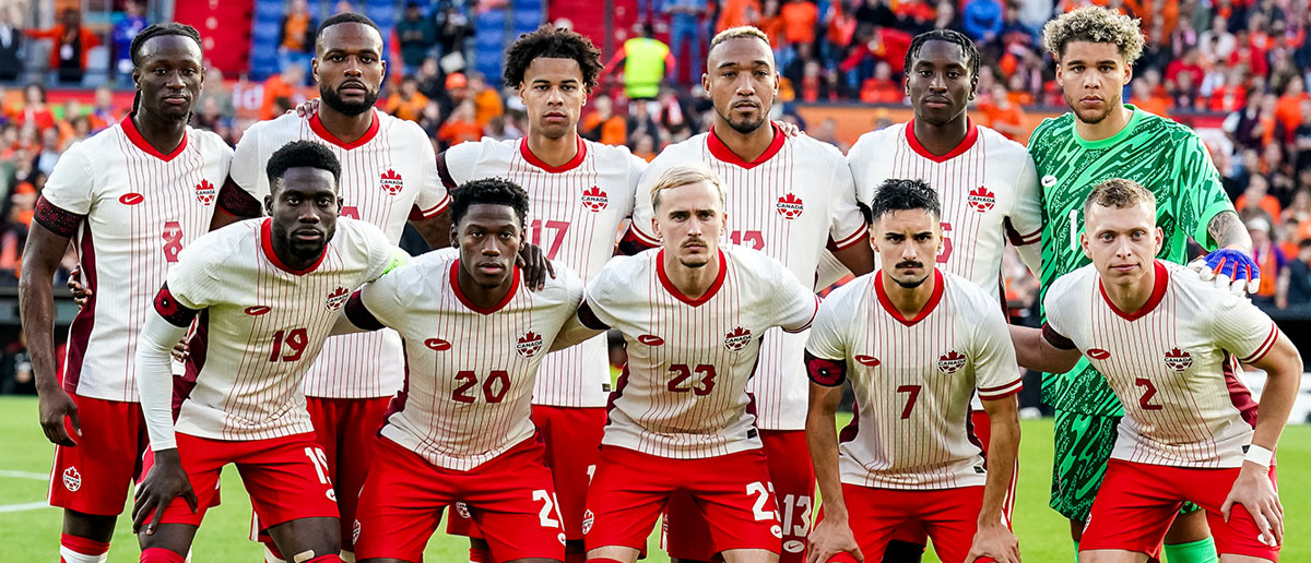 Ismael Kone, Cyle Larin, Tajon Buchanan, Derek Cornelius, Moise Bombito, goalkeeper Dayne St. Clair, Alphonso Davies, Jonathan David, Liam Millar, Stephen Eustaquio and Alistair Johnston of Canada pose for a team photo during the international friendly match between Netherlands and Canada at De Kuip on June 6, 2024 in Rotterdam, Netherlands.