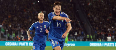 Federico Chiesa of Italy celebrates after scoring to give the side a 2-0 lead during the UEFA EURO 2024 European qualifier match between Italy and North Macedonia at Stadio Olimpico on November 17, 2023 in Rome, Italy.