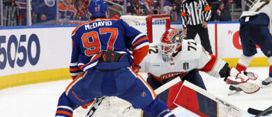 Connor McDavid #97 of the Edmonton Oilers is stopped by Sergei Bobrovsky #72 of the Florida Panthers during the third period of Game Three of the 2024 Stanley Cup Final at Rogers Place on June 13, 2024 in Edmonton, Alberta, Canada.