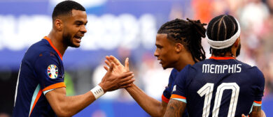 Netherlands' forward #11 Cody Gakpo (L) celebrates with Netherlands' defender #05 Nathan Ake (2nd R) and Netherlands' forward #10 Memphis Depay (R) after scoring his team's first goal during the UEFA Euro 2024 Group D football match between Poland and the Netherlands at the Volksparkstadion in Hamburg on June 16, 2024.