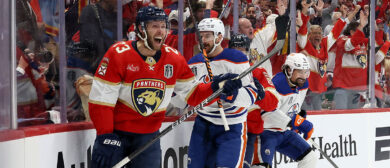 Carter Verhaeghe #23 of the Florida Panthers reacts to scoring a goal during the first period against the Edmonton Oilers in Game One of the 2024 Stanley Cup Final at Amerant Bank Arena on June 08, 2024 in Sunrise, Florida.