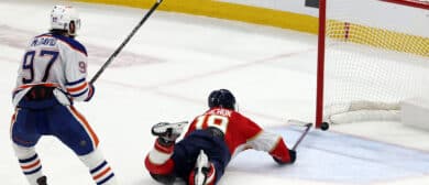 Matthew Tkachuk #19 of the Florida Panthers denies an empty net goal against Connor McDavid #97 of the Edmonton Oilers during the third period in Game Five of the 2024 Stanley Cup Final at Amerant Bank Arena on June 18, 2024 in Sunrise, Florida.