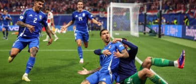 Mattia Zaccagni of Italy celebrates after scoring his sides first goal during the UEFA EURO 2024 group stage match between Croatia and Italy at Football Stadium Leipzig on June 24, 2024 in Leipzig, Germany.