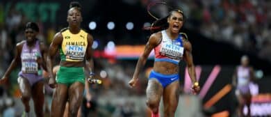 Sha'Carri Richardson of Team United States wins the Women's 4x100m Relay Final during day eight of the World Athletics Championships Budapest 2023 at National Athletics Centre on August 26, 2023 in Budapest, Hungary.