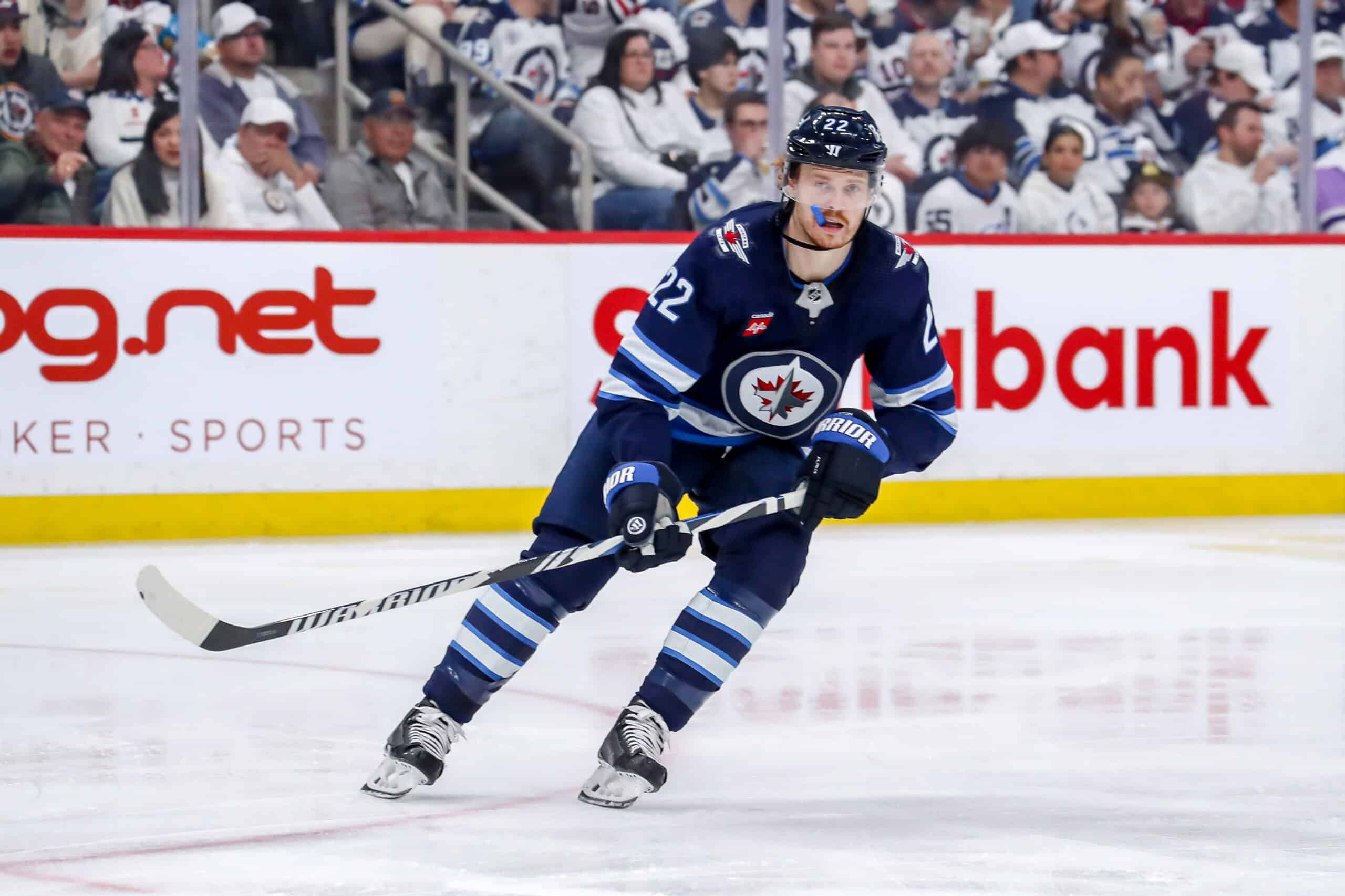 APRIL 30: Mason Appleton #22 of the Winnipeg Jets keeps an eye on the play during second period action against the Colorado Avalanche in Game Five of the First Round of the 2024 Stanley Cup Playoffs at the Canada Life Centre on April 30, 2024 in Winnipeg, Manitoba sports betting, Canada. The Avs defeated the Jets 6-3 and win the series 4-1. (Photo by Darcy Finley/NHLI via Getty Images)