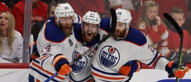 Connor McDavid #97 of the Edmonton Oilers celebrates with teammates after scoring during the third period against the Florida Panthers in Game Five of the 2024 Stanley Cup Final at Amerant Bank Arena on June 18, 2024 in Sunrise, Florida.