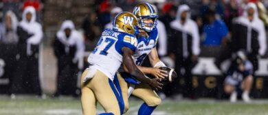 Winnipeg Blue Bombers quarterback Zach Collaros (8) looks to hand during Canadian Football League action between the Winnipeg Blue Bombers and Ottawa Redblacks on June 13, 2024, at TD Place at Lansdowne Park in Ottawa, ON, Canada.