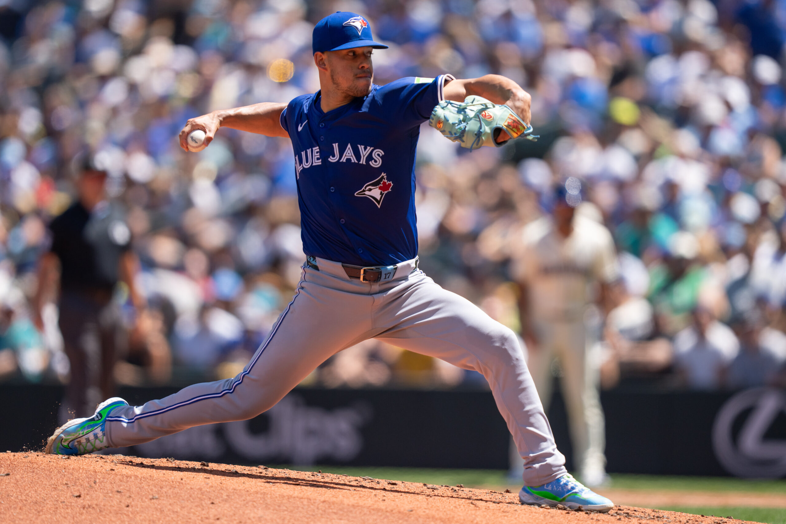 SEATTLE, WA - JULY 07: Starter Jose Berrios #17 of the Toronto Blue Jays delivers a pitch during the second inning of a game against the Seattle Mariners at T-Mobile Park on July 7, 2024 in Seattle, Washington. (Photo by Stephen Brashear/Getty Images)