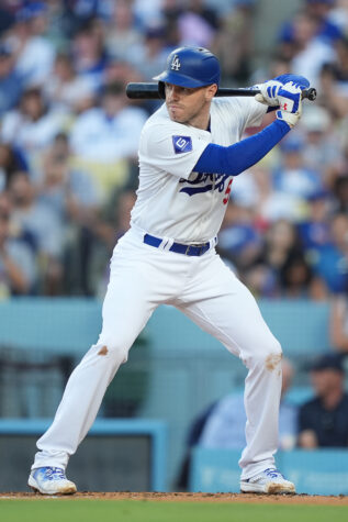 LOS ANGELES, CALIFORNIA - JULY 03: Freddie Freeman #5 of the Los Angeles Dodgers at bat against the Arizona Diamondbacks during the first inning at Dodger Stadium on July 03, 2024 in Los Angeles, California. (Photo by Michael Owens/Getty Images)
