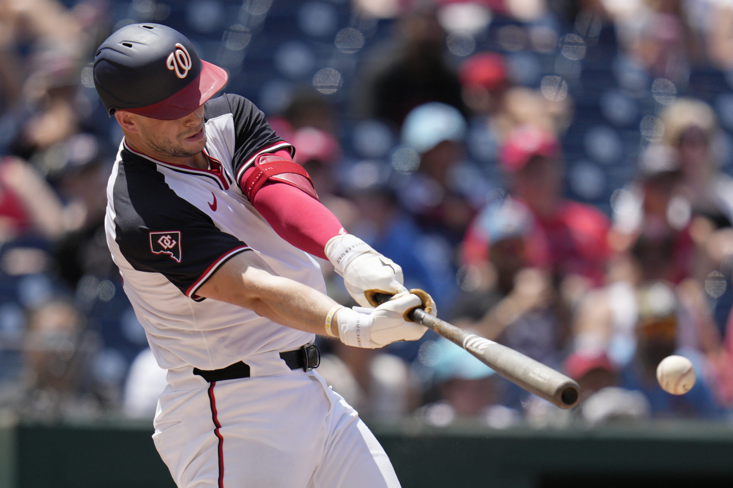 WASHINGTON, DC - JULY 07: Riley Adams #15 of the Washington Nationals hits an RBI single against the St. Louis Cardinals during the second inning at Nationals Park on July 07, 2024 in Washington, DC. (Photo by Jess Rapfogel/Getty Images)