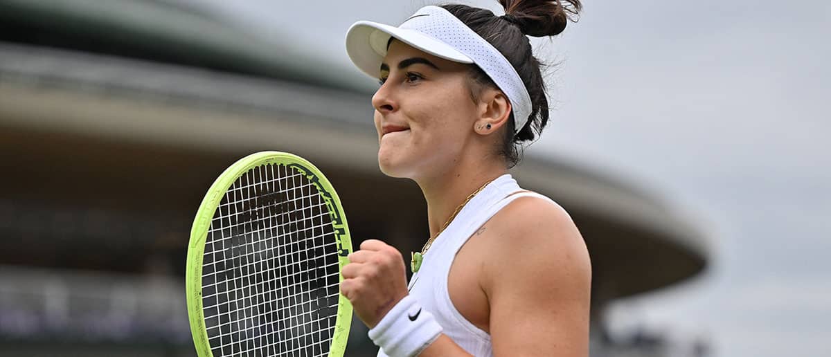 Canada's Bianca Andreescu celebrates winning against Czech Republic's Linda Noskova during their women's singles second round tennis match on the third day of the 2024 Wimbledon Championships at The All England Lawn Tennis and Croquet Club in Wimbledon, southwest London, on July 3, 2024.