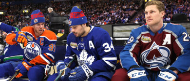 Connor McDavid #97 of the Edmonton Oilers talks with Auston Matthews #34 of the Toronto Maple Leafs as Nathan MacKinnon #29 of the Colorado Avalanche looks on during the 2024 NHL All-Star Skills Competition at Scotiabank Arena on February 02, 2024 in Toronto, Ontario, Canada.