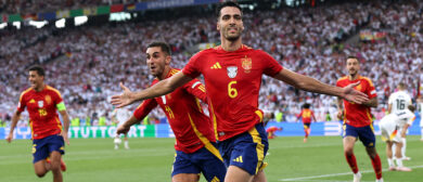 Mikel Merino of Spain celebrates scoring his team's second goal with teammates during the UEFA EURO 2024 quarter-final match between Spain and Germany at Stuttgart Arena on July 05, 2024 in Stuttgart, Germany.