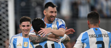 Lionel Messi #10 of Argentina celebrates with teammates after scoring during the second half of the semi-final match between Canada and Argentina in the CONMEBOL Copa America USA 2024 at MetLife Stadium on July 09, 2024 in East Rutherford, New Jersey.