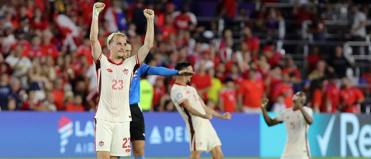 Liam Millar of Canada celebrates the team's progression to the quarter finals after the CONMEBOL Copa America 2024 Group A match between Canada and Chile at Inter&Co Stadium on June 29, 2024 in Orlando, Florida.