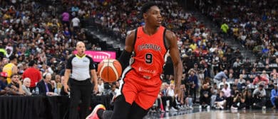 RJ Barrett #9 of the Canada Basketball Men's Team dribbles the ball during the game against the USA Basketball Men's Team on July 10, 2024 at the T-Mobile Arena in Las Vegas, Nevada.