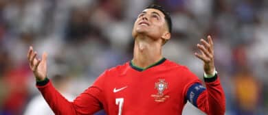 Cristiano Ronaldo of Portugal reacts during the UEFA EURO 2024 round of 16 match between Portugal and Slovenia at Frankfurt Arena on July 01, 2024 in Frankfurt am Main, Germany.