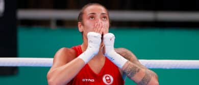 Tammara Thibeault (red) of Team Canada reacts after defeating Atheyna Bylon (blue) of Team Panama on Boxing - Women's 75kg final at Centro de Entrenamiento Olimpico on Day 7 of Santiago 2023 Pan Am Games on October 27, 2023 in Santiago, Chile.