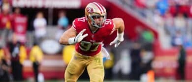 Nick Bosa #97 of the San Francisco 49ers defends against the Detroit Lions during the first half of the NFC Championship football game at Levi's Stadium on January 28, 2024 in Santa Clara, California.