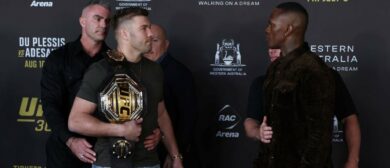 Dricus du Plessis - UFC middleweight champion and Israel Adesanya - No.2 UFC middleweight stare off during the UFC 305 On Sale Press Conference on July 03, 2024 in Perth, Australia