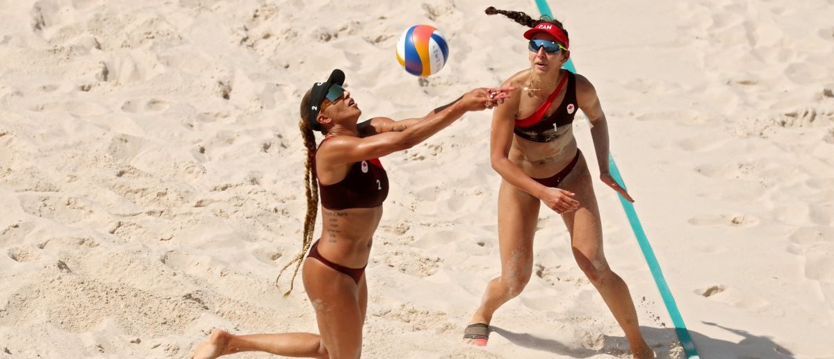 Brandie Wilkerson of Team Canada attempts to save the ball during the Women's Preliminary Phase - Pool D match against Team Paraguay on day three of the Olympic Games Paris 2024 at Eiffel Tower Stadium on July 29, 2024 in Paris, France.