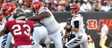 Quarterback Joe Burrow #9 of the Cincinnati Bengals in action during the preseason game against the Tampa Bay Buccaneers at Paycor Stadium on August 10, 2024 in Cincinnati, Ohio.