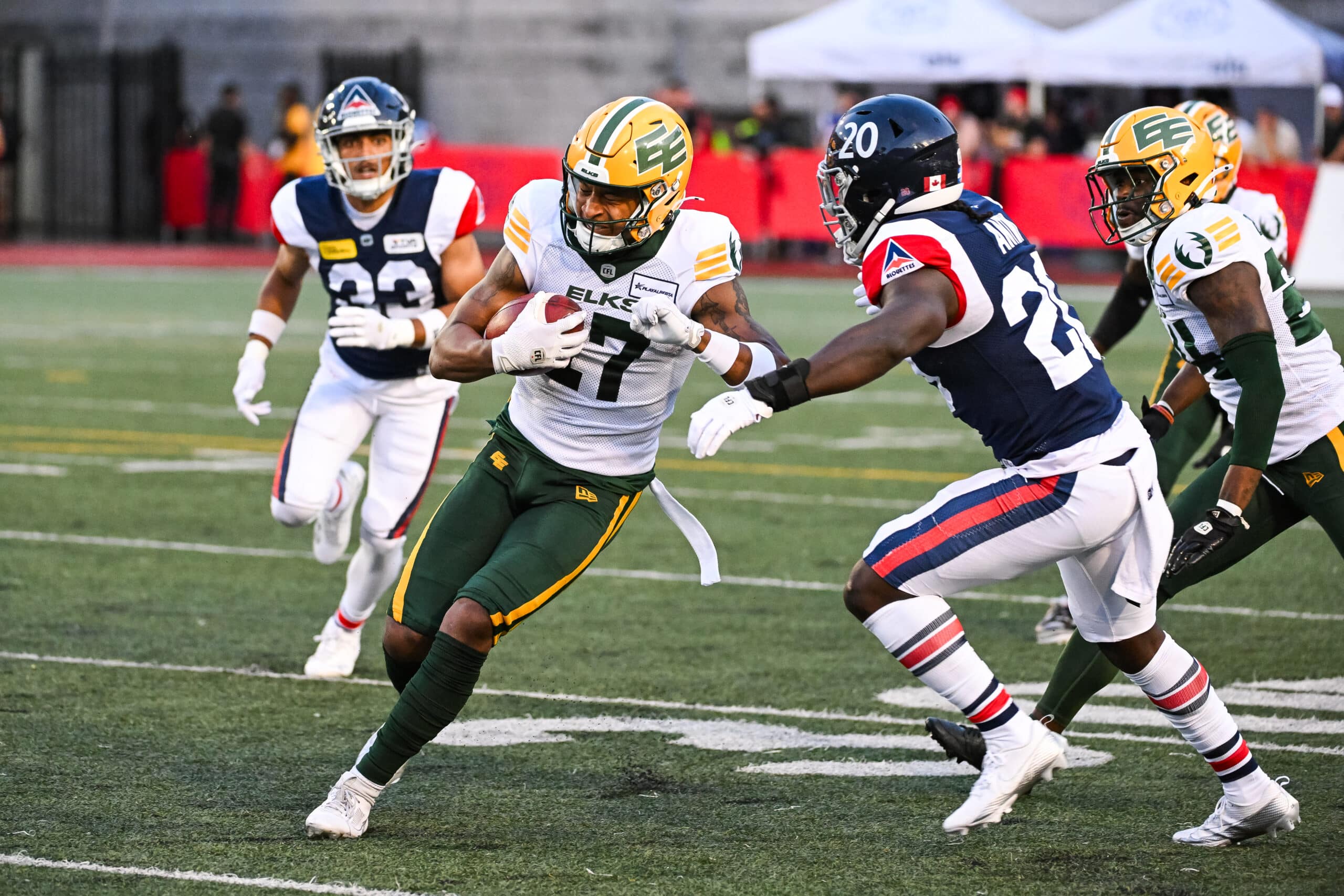 Part of our CFL teams list are the edmonton elks. In the photo: MONTREAL, QC - AUGUST 25: Edmonton Elks widereceiver Dillon Mitchell (17) gets tackled nby Montreal Alouettes running back Jeshrun Antwi (20) during the Edmonton Elks versus the Montreal Alouettes game on August 25, 2024, at Percival Molson Memorial Stadium in Montreal, QC (Photo by David Kirouac/Icon Sportswire via Getty Images)