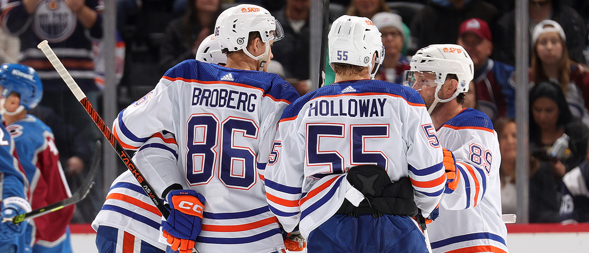 Connor Brown #28, Philip Broberg #86, Dylan Holloway #55 and Sam Gagner #89 of the Edmonton Oilers celebrate a goal against the Colorado Avalanche at Ball Arena on April 18, 2024 in Denver, Colorado