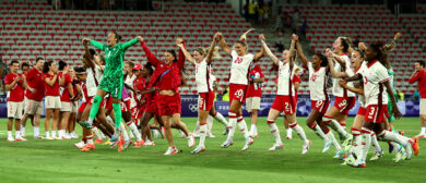 Players of Team Canada celebrate after winning the Women's group A match between Colombia and Canada during the Olympic Games Paris 2024 at Stade de Nice on July 31, 2024 in Nice, France.