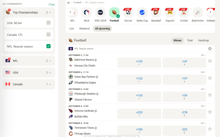 A desktop view of parimatch's NFL offerings in Canada.