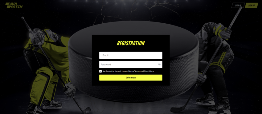 A screenshot of the parimatch promo code landing page, showing the registration form which requires an email and password.