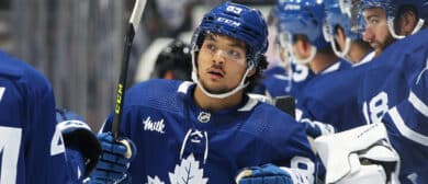 TORONTO, CANADA - SEPTEMBER 28: Nick Robertson #89 of the Toronto Maple Leafs celebrates a goal against the Montreal Canadiens during an NHL pre-season game at Scotiabank Arena on September 28, 2022 in Toronto, Ontario, Canada. (Photo by Claus Andersen/Getty Images)