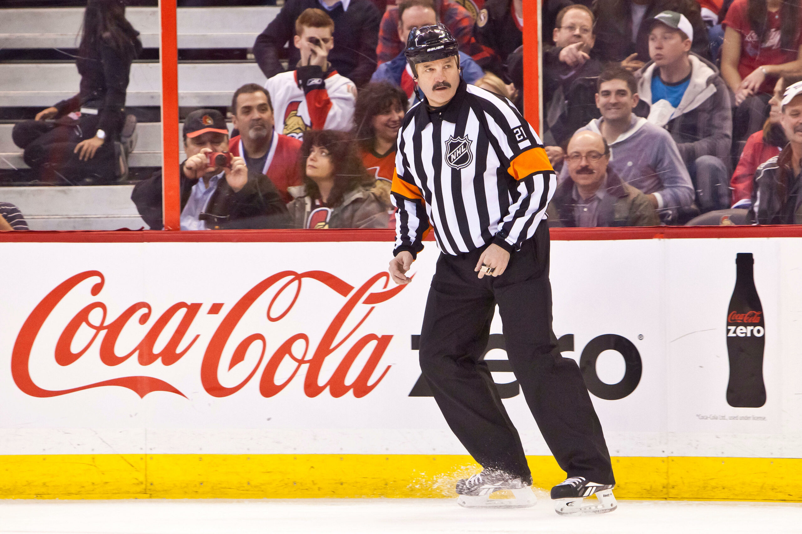 CA12MH Mar. 16, 2012 - Ottawa, Ontario, Canada - NHL referee, Don Vanmassenhoven(21), during action between the Senators and Canadiens. (Credit Image: © Leon Switzer/Southcreek/ZUMAPRESS.com)