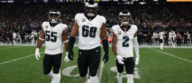 Defensive end Brandon Graham #55 of the Philadelphia Eagles, offensive tackle Jordan Mailata #68, and cornerback Darius Slay Jr. #2 walk on the field prior to an NFL football game against the Green Bay Packers, at Arena Corinthians on September 6, 2024 in Sao Paulo, Brazil.