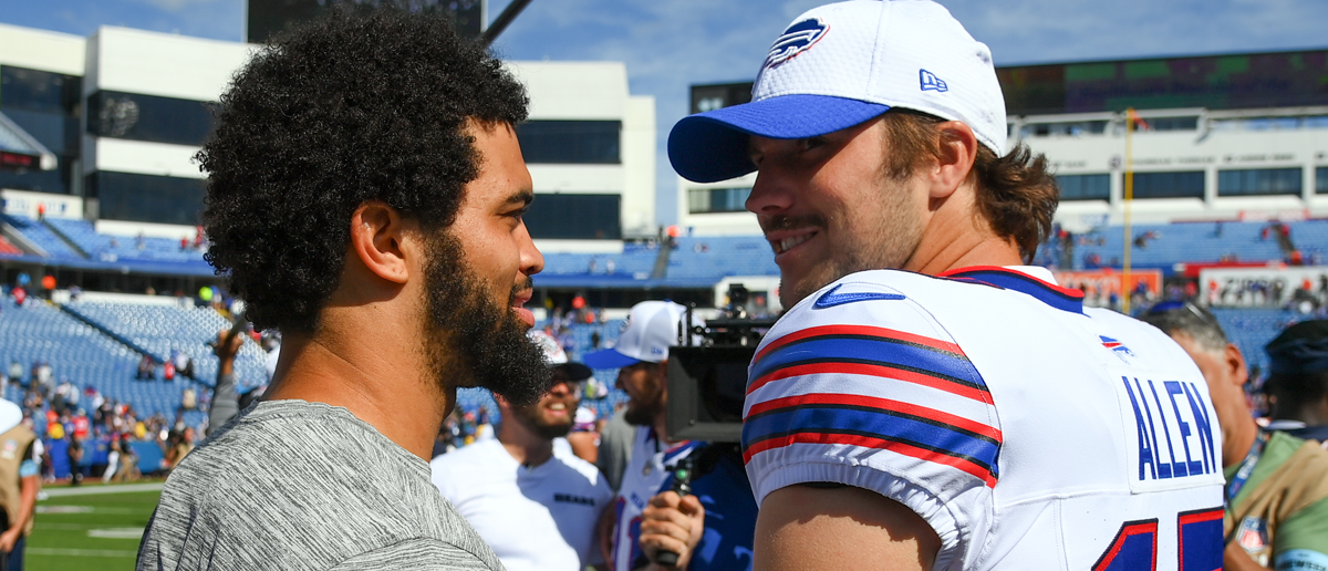 Caleb Williams (left) of the Chicago Bears greets Josh Allen (right) of the Buffalo Bills following a preseason game at Highmark Stadium on August 10, 2024 in Orchard Park, New York.