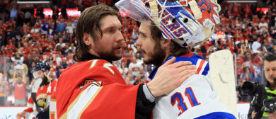 Igor Shesterkin #31 of the New York Rangers and Sergei Bobrovsky #72 of the Florida Panthers shake hands after Game Six of the Eastern Conference Final of the 2024 Stanley Cup Playoffs at Amerant Bank Arena on June 1, 2024 in Sunrise, Florida.