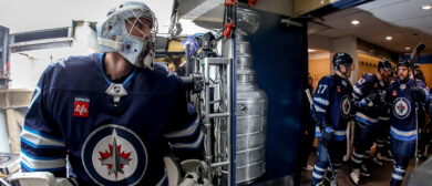 Goaltender Connor Hellebuyck #37 of the Winnipeg Jets gets set to hit the ice for the pre-game warm up prior to NHL action against the Colorado Avalanche in Game Five of the First Round of the 2024 Stanley Cup Playoffs at the Canada Life Centre on April 30, 2024 in Winnipeg, Manitoba, Canada